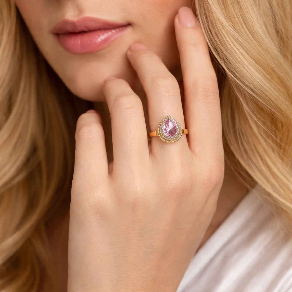 Oro Laminado Multi Stone Ring, Gold Filled Style Teardrop Design, with Pink and White Cubic Zirconia, Polished, Golden Finish