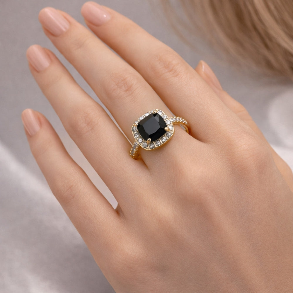 Oro Laminado Multi Stone Ring, Gold Filled Style Cluster Design, with Black Cubic Zirconia and White Micro Pave, Polished, Golden Finish
