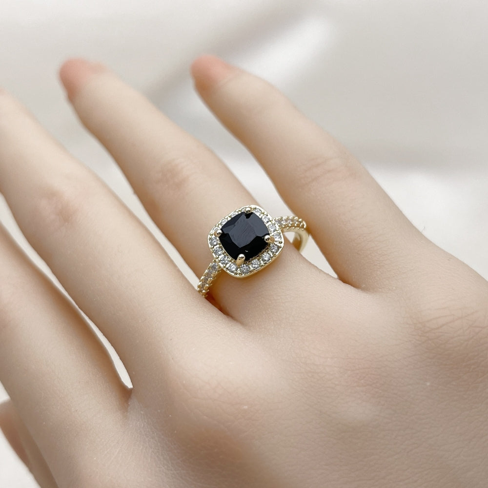 Oro Laminado Multi Stone Ring, Gold Filled Style Cluster Design, with Black Cubic Zirconia and White Micro Pave, Polished, Golden Finish
