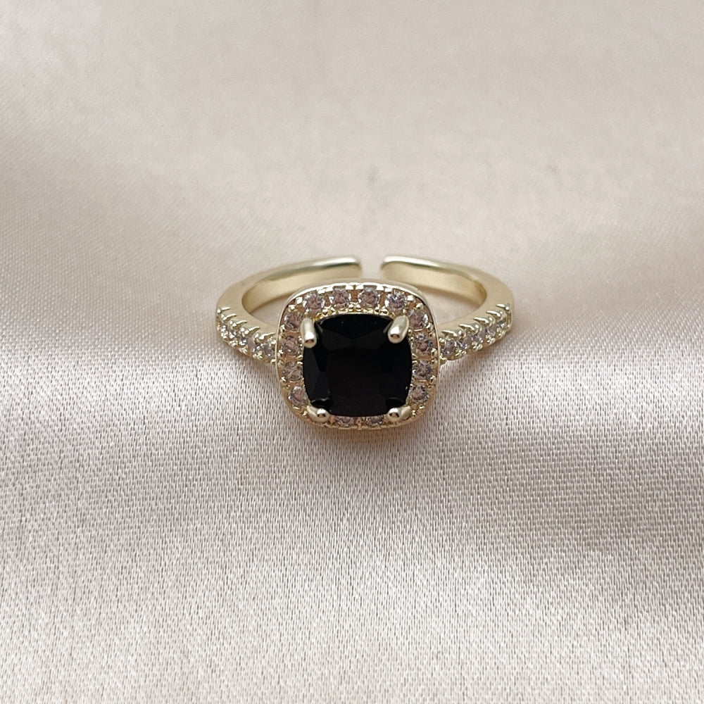 Oro Laminado Multi Stone Ring, Gold Filled Style Cluster Design, with Black Cubic Zirconia and White Micro Pave, Polished, Golden Finish
