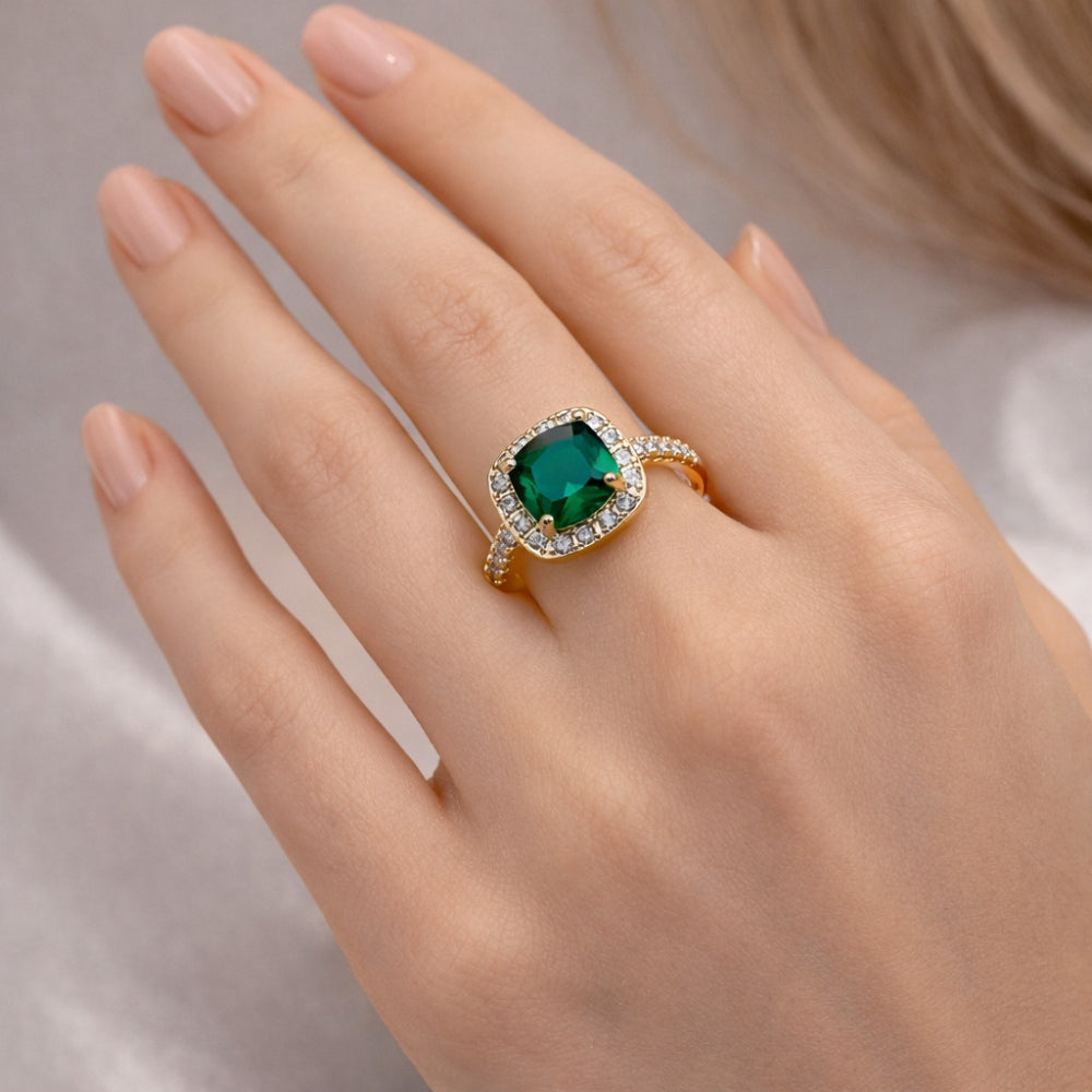 Oro Laminado Multi Stone Ring, Gold Filled Style Cluster Design, with Green Cubic Zirconia and White Micro Pave, Polished, Golden Finish