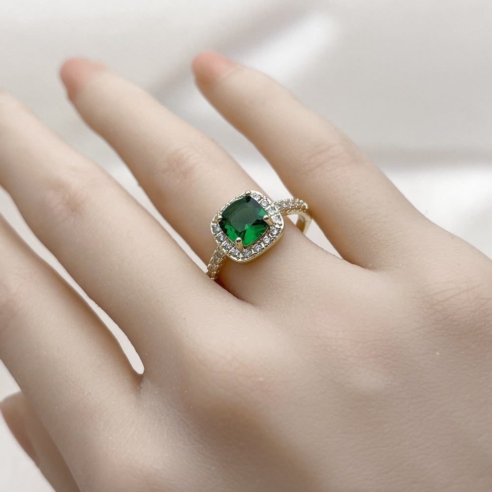 Oro Laminado Multi Stone Ring, Gold Filled Style Cluster Design, with Green Cubic Zirconia and White Micro Pave, Polished, Golden Finish