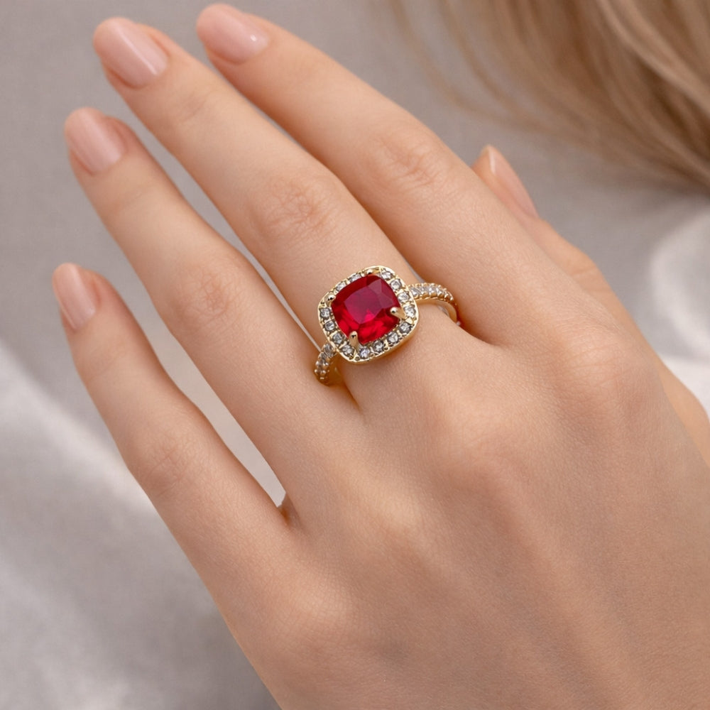 Oro Laminado Multi Stone Ring, Gold Filled Style Cluster Design, with Garnet Cubic Zirconia and White Micro Pave, Polished, Golden Finish