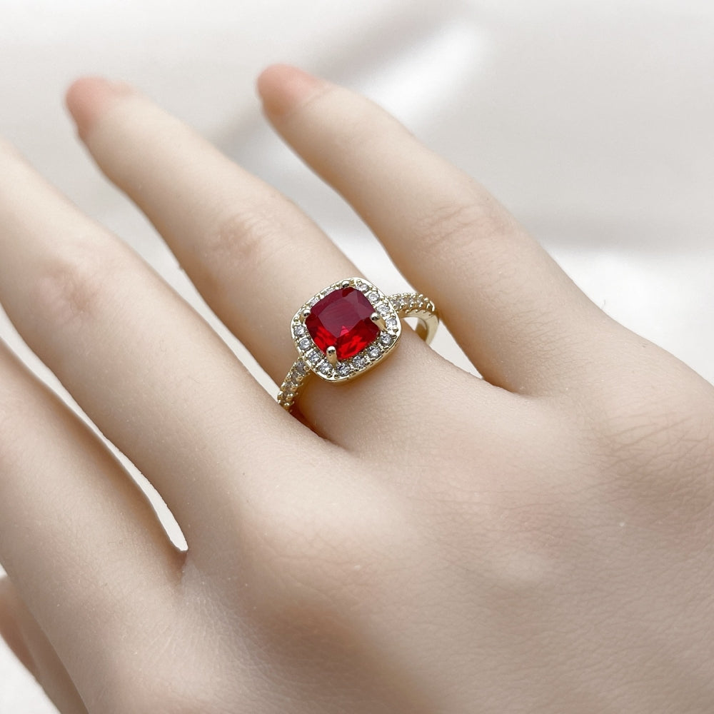 Oro Laminado Multi Stone Ring, Gold Filled Style Cluster Design, with Garnet Cubic Zirconia and White Micro Pave, Polished, Golden Finish