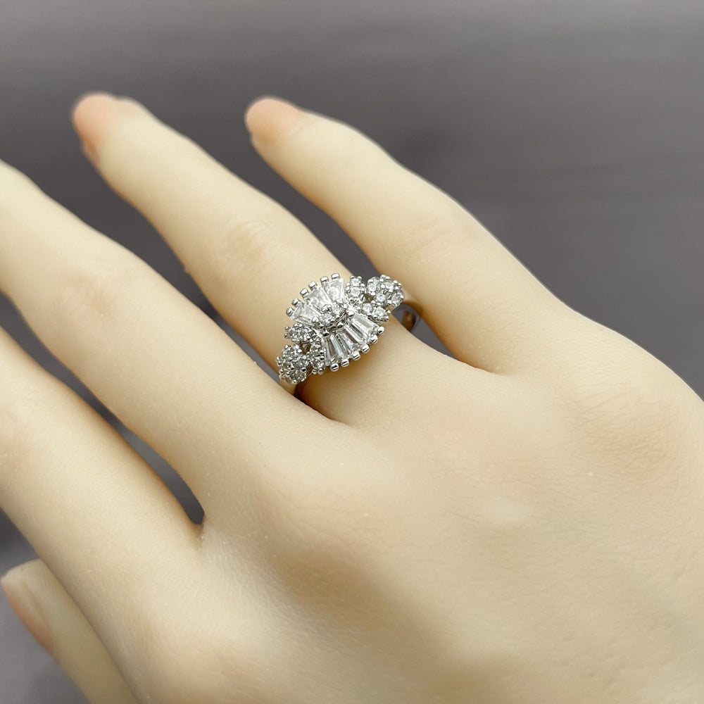 Rhodium Gold Filled Multi Stone Ring, Baguette Design, with White Cubic Zirconia and White Micro Pave, Polished, Rhodium Finish