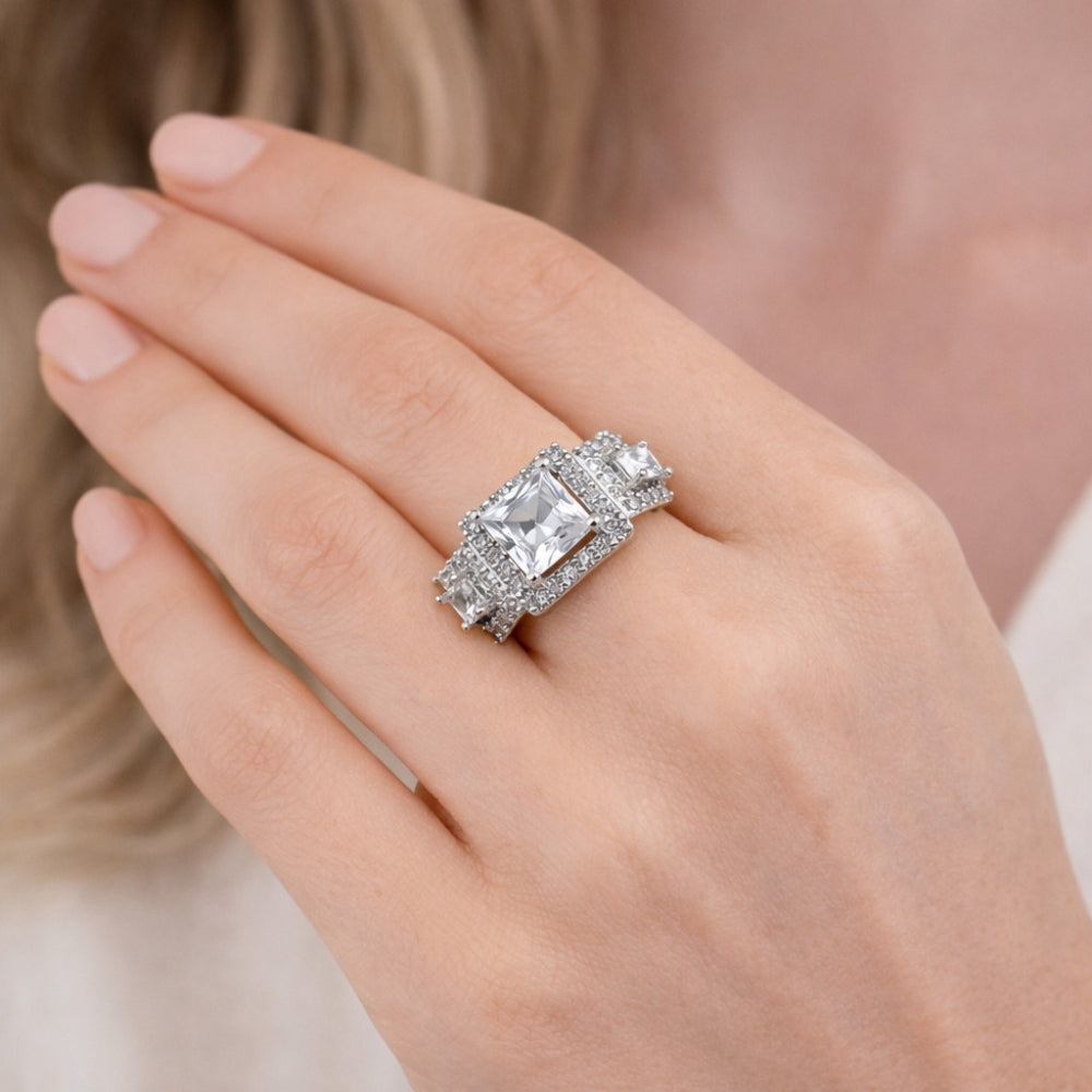Rhodium Gold Filled Multi Stone Ring, Cluster Design, with White Cubic Zirconia and White Micro Pave, Polished, Rhodium Finish