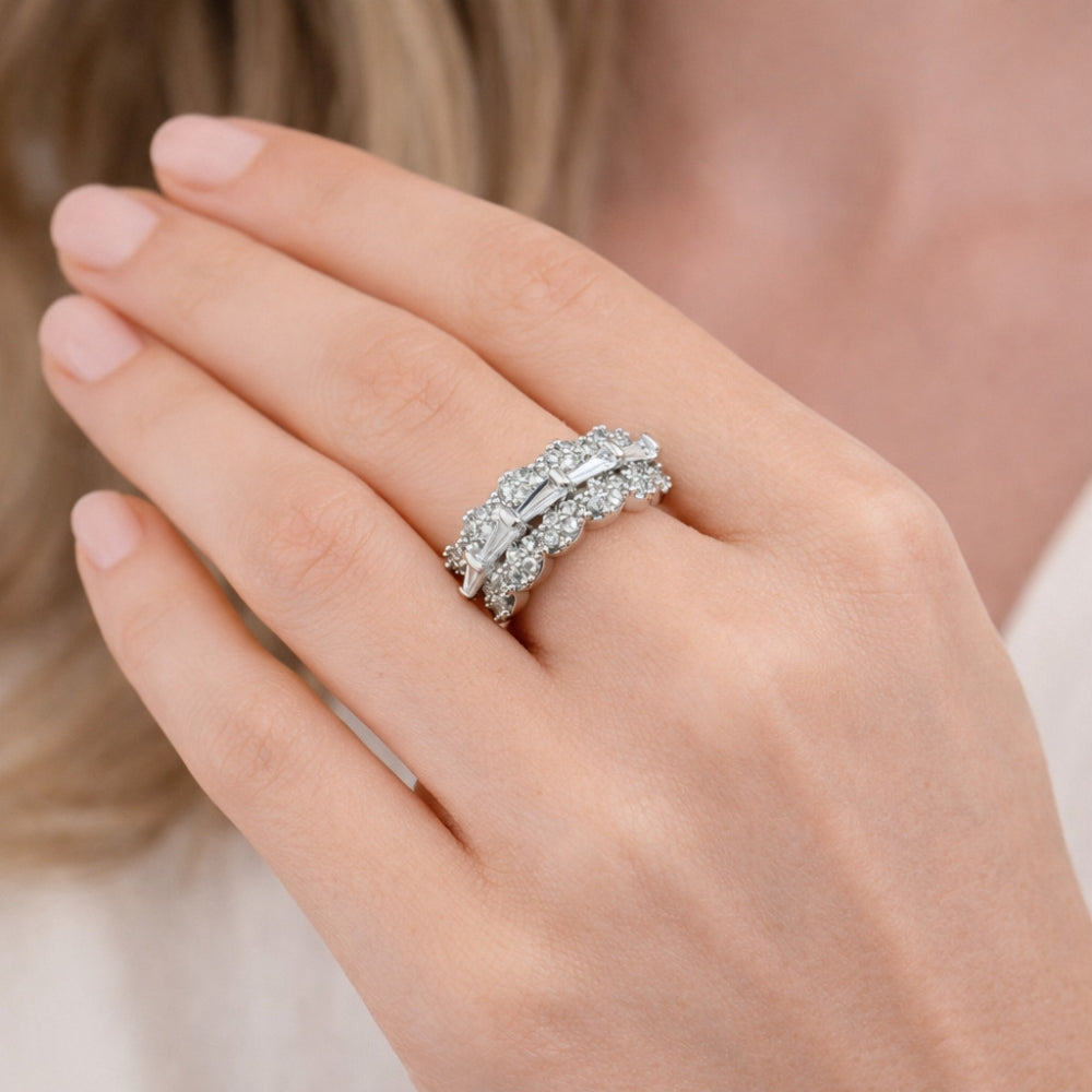 Rhodium Gold Filled Multi Stone Ring, Baguette Design, with White Cubic Zirconia, Polished, Rhodium Finish