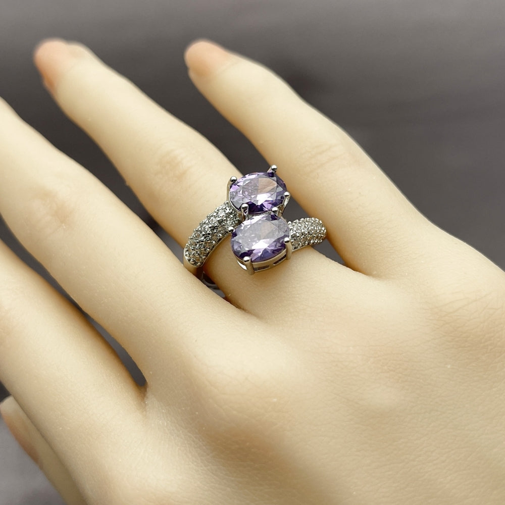 Rhodium Gold Filled Multi Stone Ring, with Amethyst Cubic Zirconia and White Micro Pave, Polished, Rhodium Finish