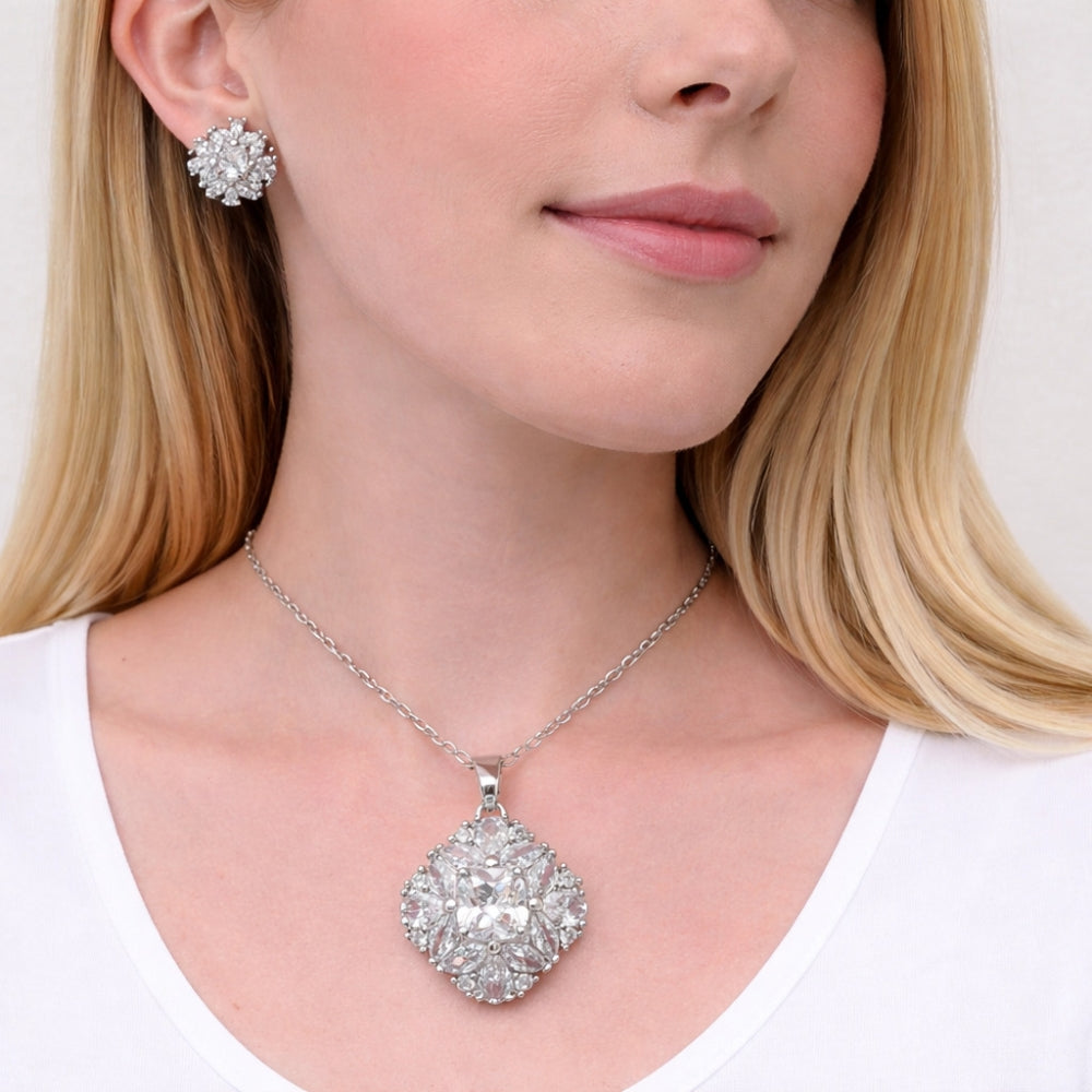 Rhodium Gold Filled Earring and Pendant Adult Set, Cluster Design, with White Cubic Zirconia, Polished, Rhodium Finish