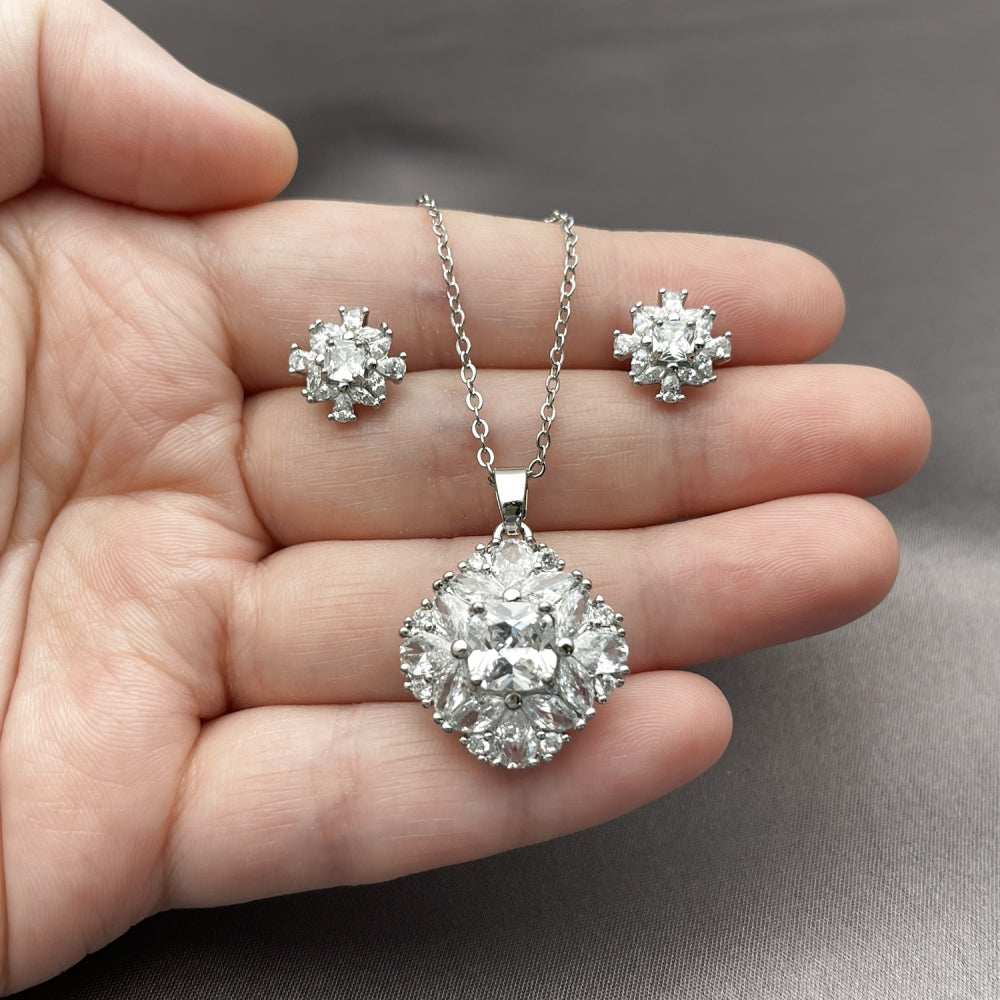 Rhodium Gold Filled Earring and Pendant Adult Set, Cluster Design, with White Cubic Zirconia, Polished, Rhodium Finish