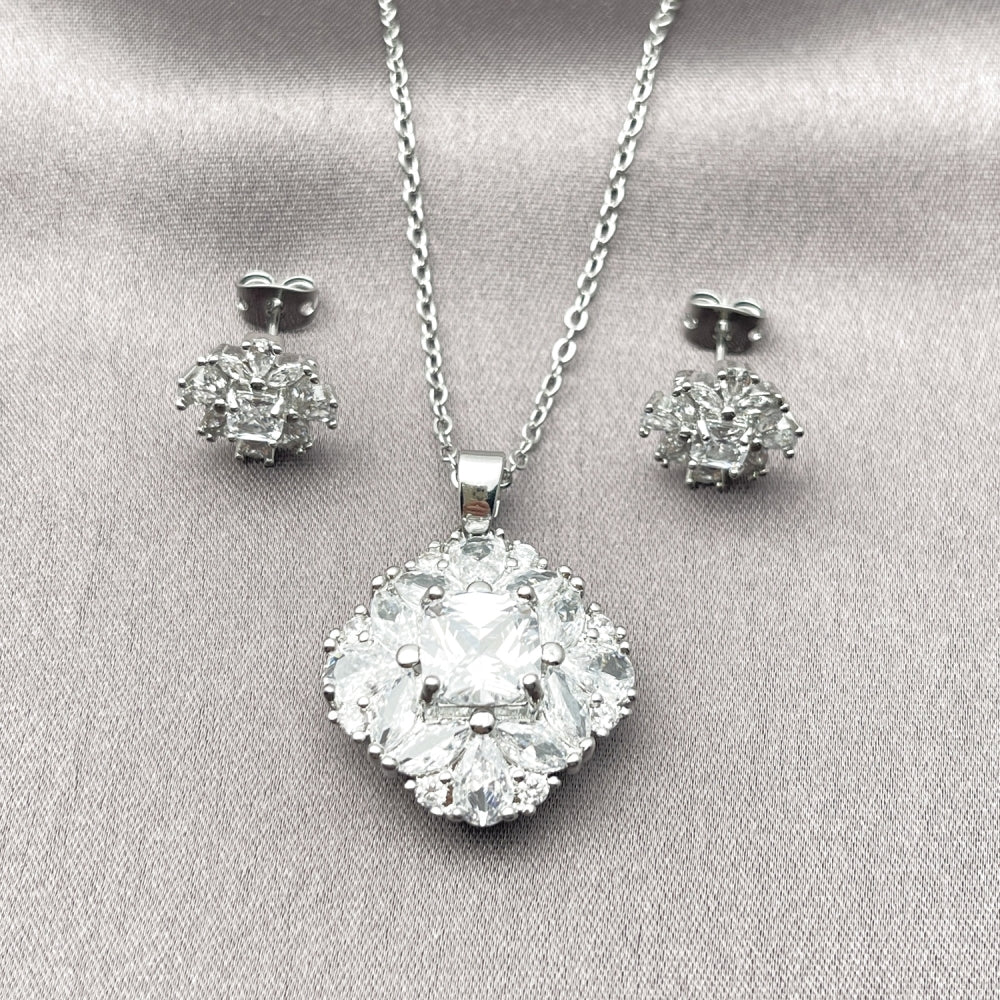 Rhodium Gold Filled Earring and Pendant Adult Set, Cluster Design, with White Cubic Zirconia, Polished, Rhodium Finish