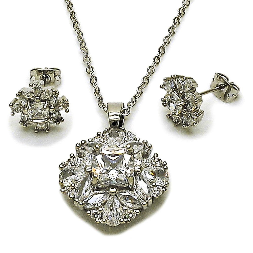 Rhodium Gold Filled Earring and Pendant Adult Set, Cluster Design, with White Cubic Zirconia, Polished, Rhodium Finish