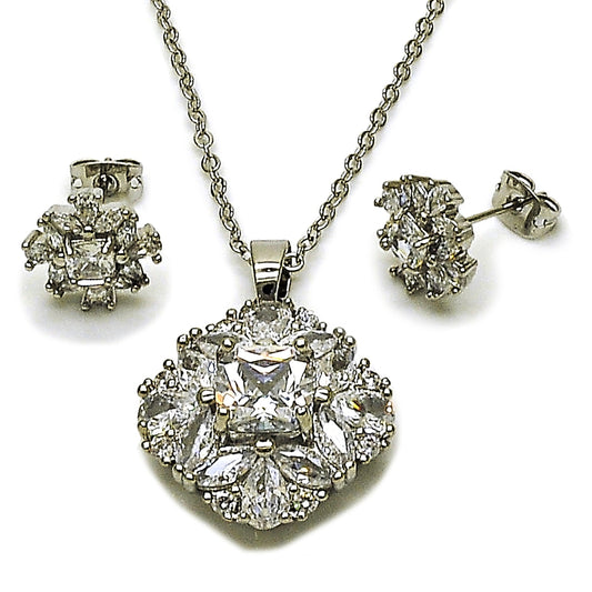 Rhodium Gold Filled Earring and Pendant Adult Set, Cluster Design, with White Cubic Zirconia, Polished, Rhodium Finish