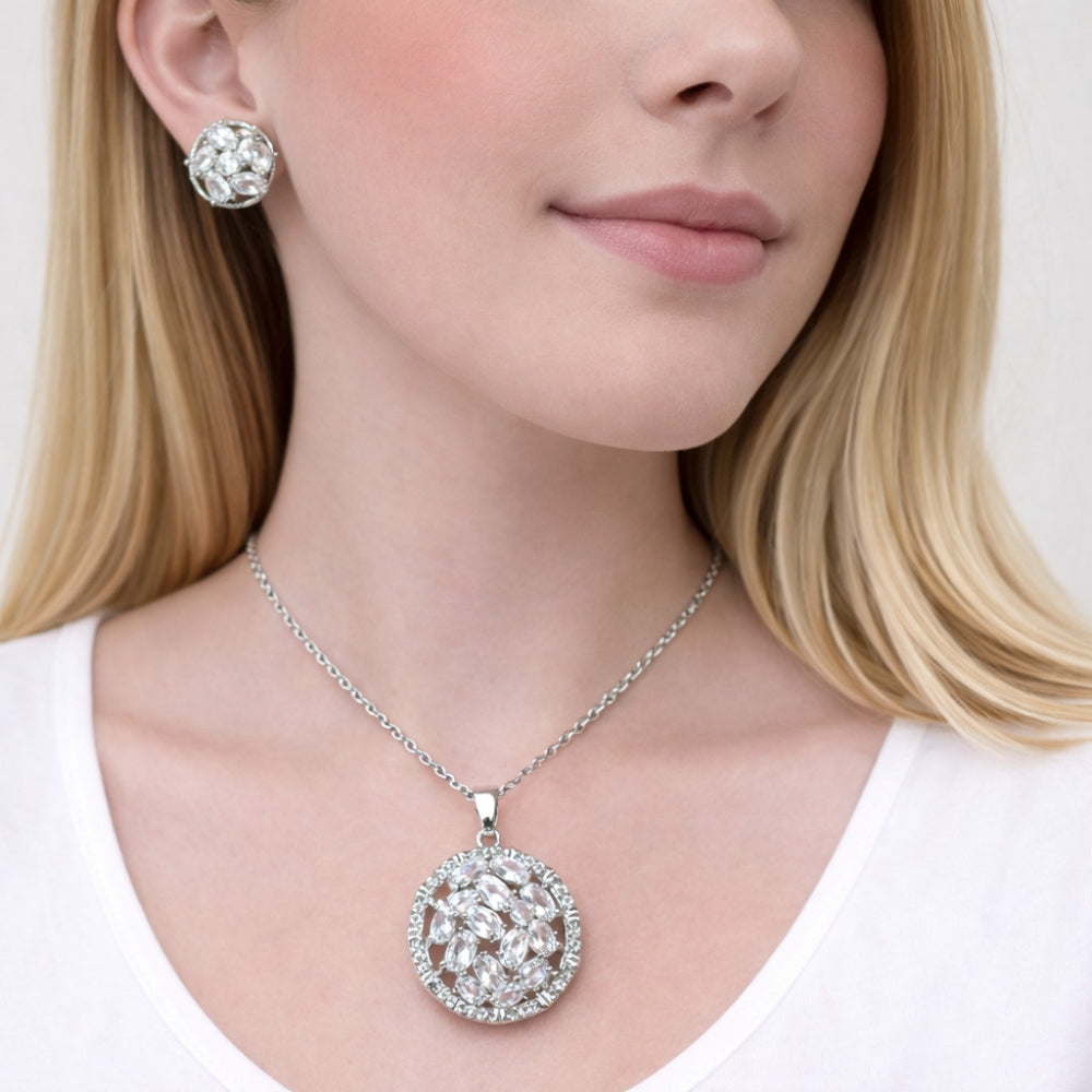 Rhodium Gold Filled Earring and Pendant Adult Set, Flower Design, with White Cubic Zirconia, Polished, Rhodium Finish