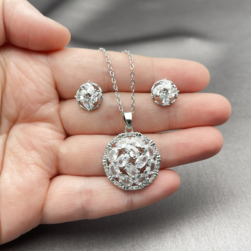 Rhodium Gold Filled Earring and Pendant Adult Set, Flower Design, with White Cubic Zirconia, Polished, Rhodium Finish