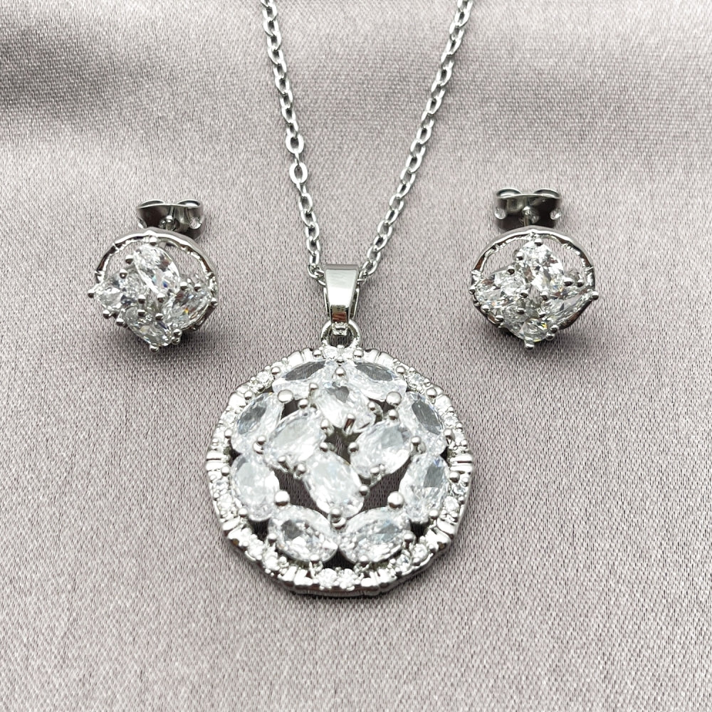 Rhodium Gold Filled Earring and Pendant Adult Set, Flower Design, with White Cubic Zirconia, Polished, Rhodium Finish