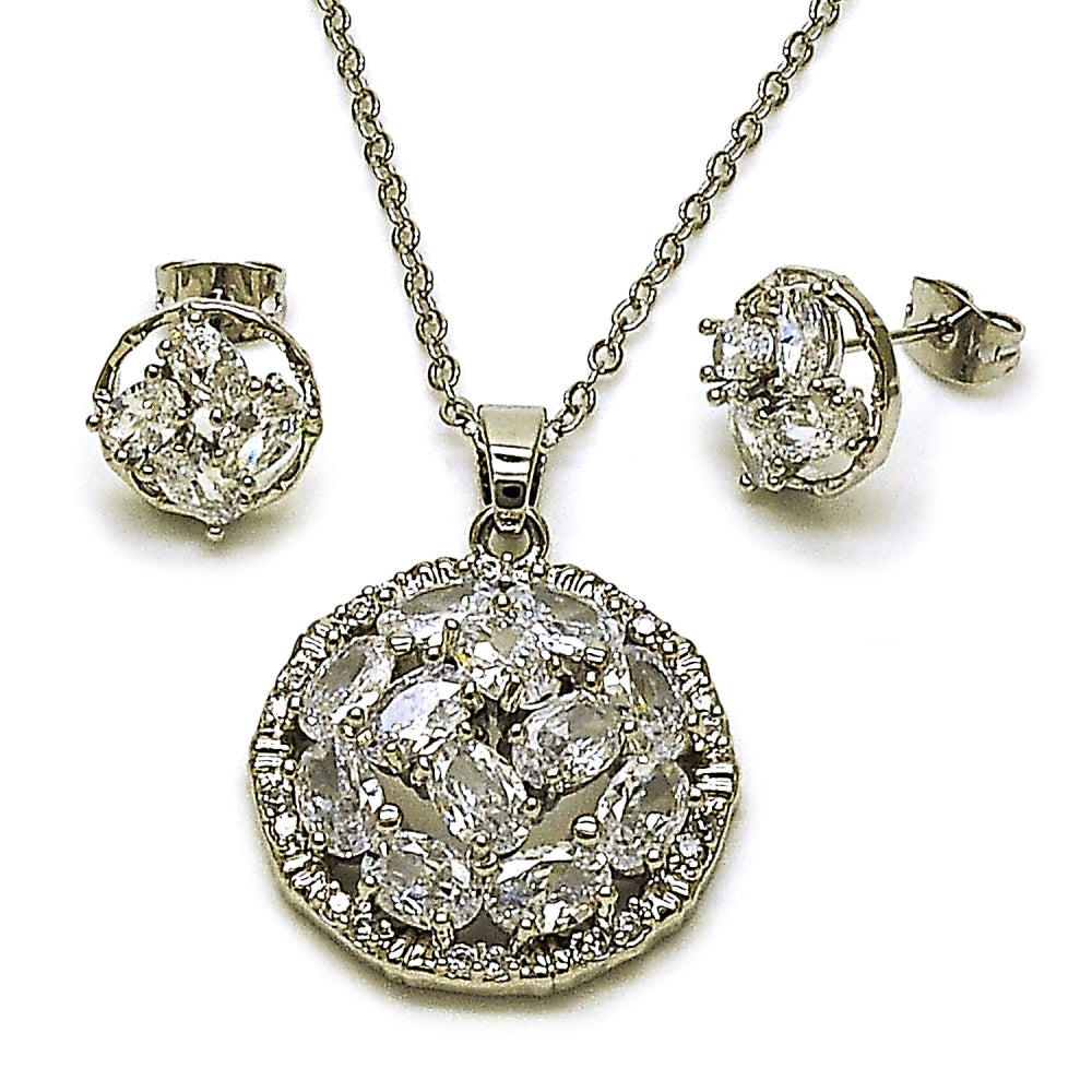 Rhodium Gold Filled Earring and Pendant Adult Set, Flower Design, with White Cubic Zirconia, Polished, Rhodium Finish