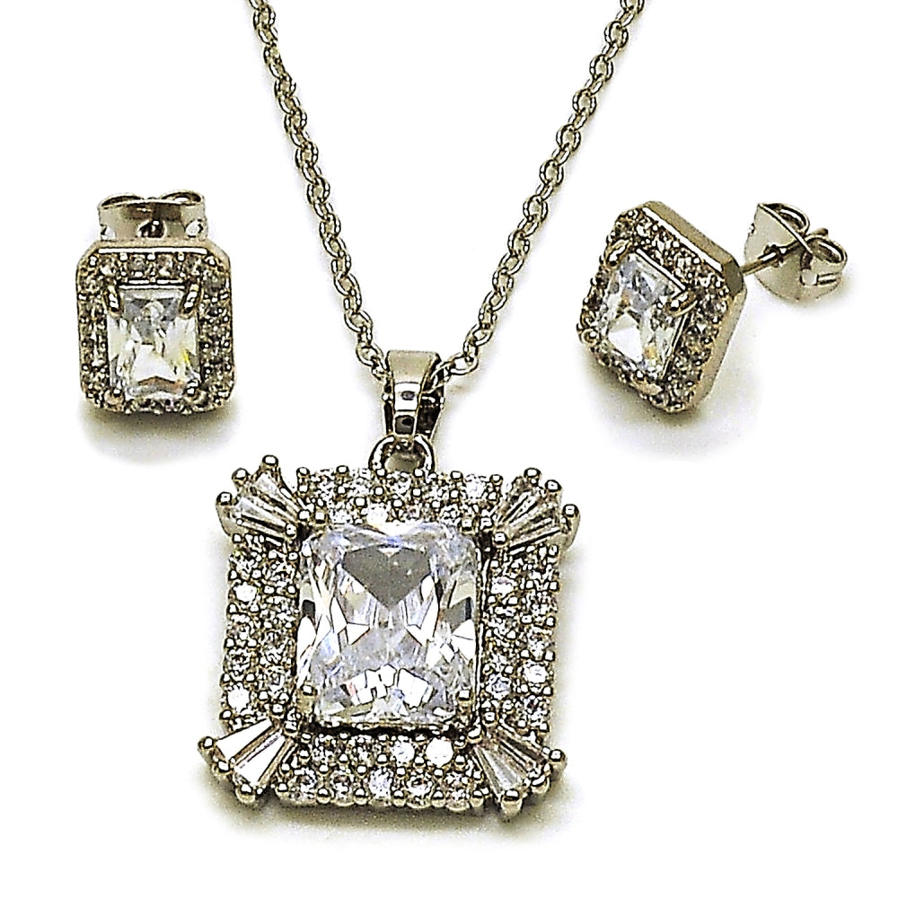 Rhodium Gold Filled Earring and Pendant Adult Set, Cluster and Baguette Design, with White Cubic Zirconia, Polished, Rhodium Finish