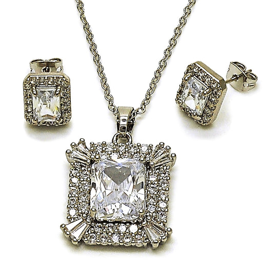Rhodium Gold Filled Earring and Pendant Adult Set, Cluster and Baguette Design, with White Cubic Zirconia, Polished, Rhodium Finish