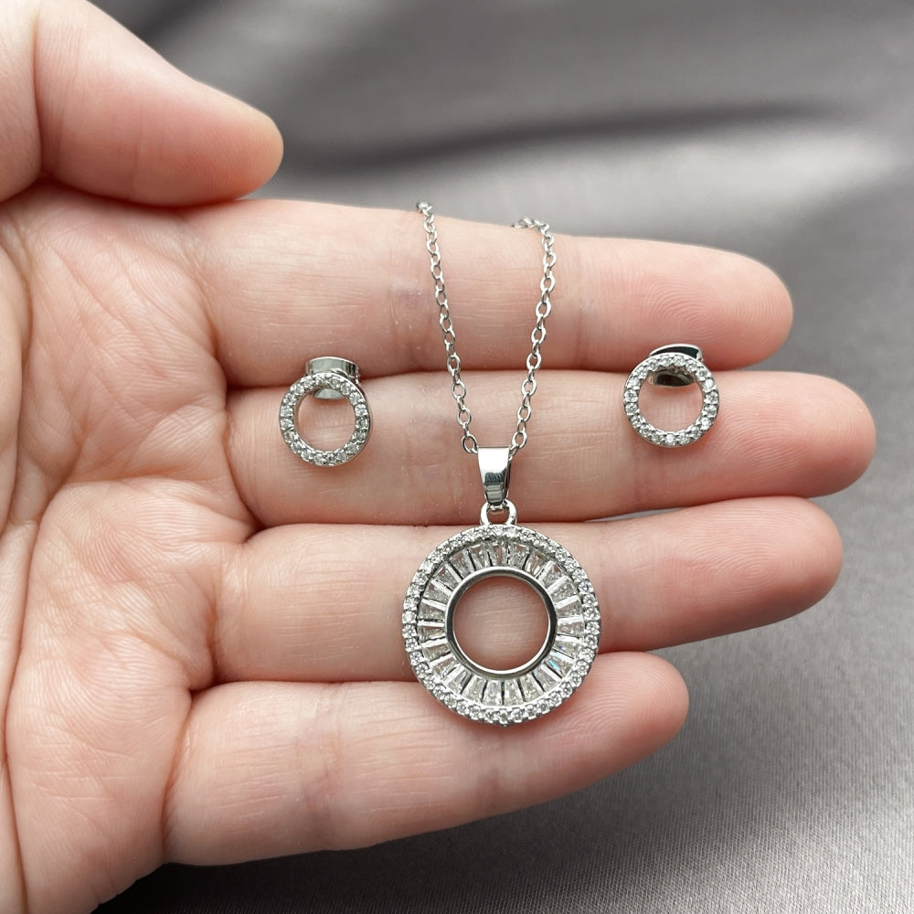 Rhodium Gold Filled Earring and Pendant Adult Set, Baguette Design, with White Cubic Zirconia and White Micro Pave, Polished, Rhodium Finish