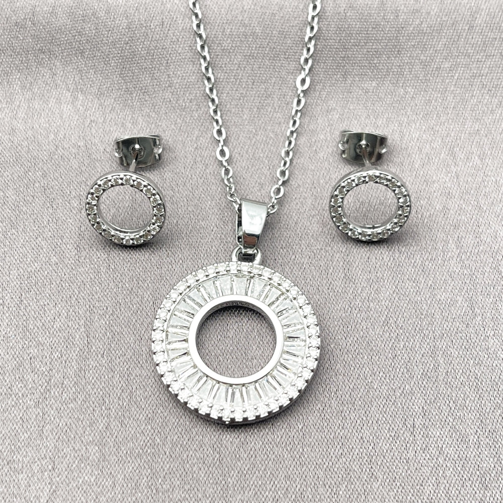 Rhodium Gold Filled Earring and Pendant Adult Set, Baguette Design, with White Cubic Zirconia and White Micro Pave, Polished, Rhodium Finish