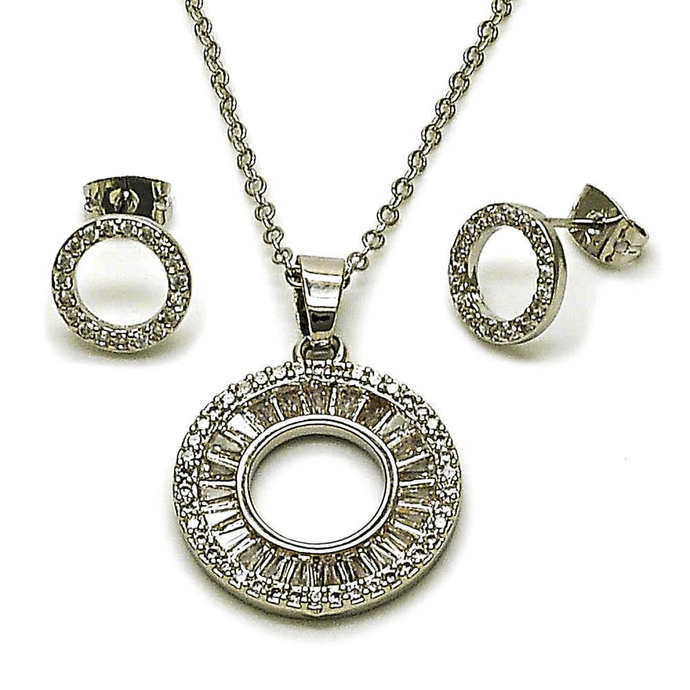 Rhodium Gold Filled Earring and Pendant Adult Set, Baguette Design, with White Cubic Zirconia and White Micro Pave, Polished, Rhodium Finish