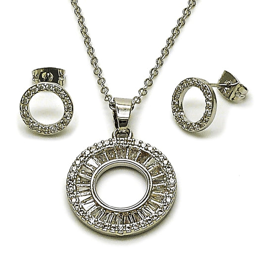 Rhodium Gold Filled Earring and Pendant Adult Set, Baguette Design, with White Cubic Zirconia and White Micro Pave, Polished, Rhodium Finish