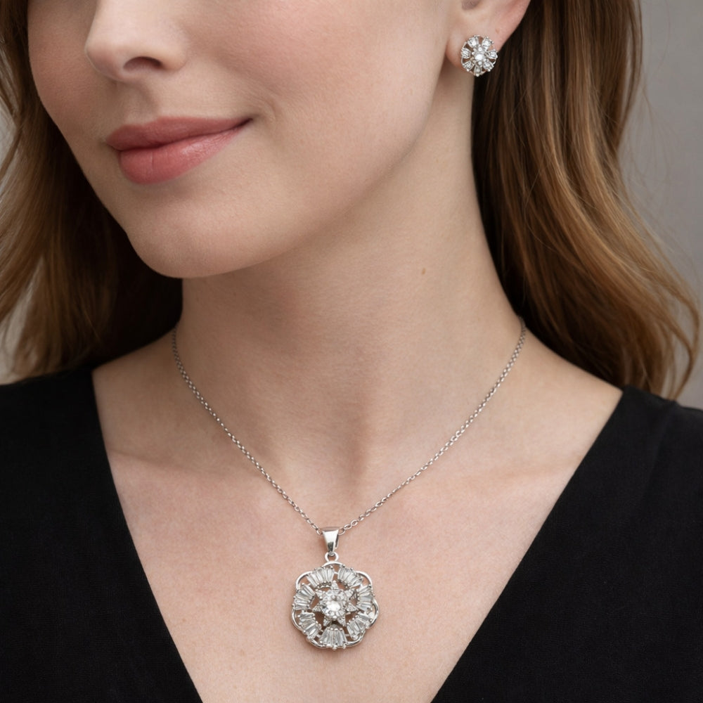 Rhodium Gold Filled Earring and Pendant Adult Set, Flower and Baguette Design, with White Cubic Zirconia, Polished, Rhodium Finish