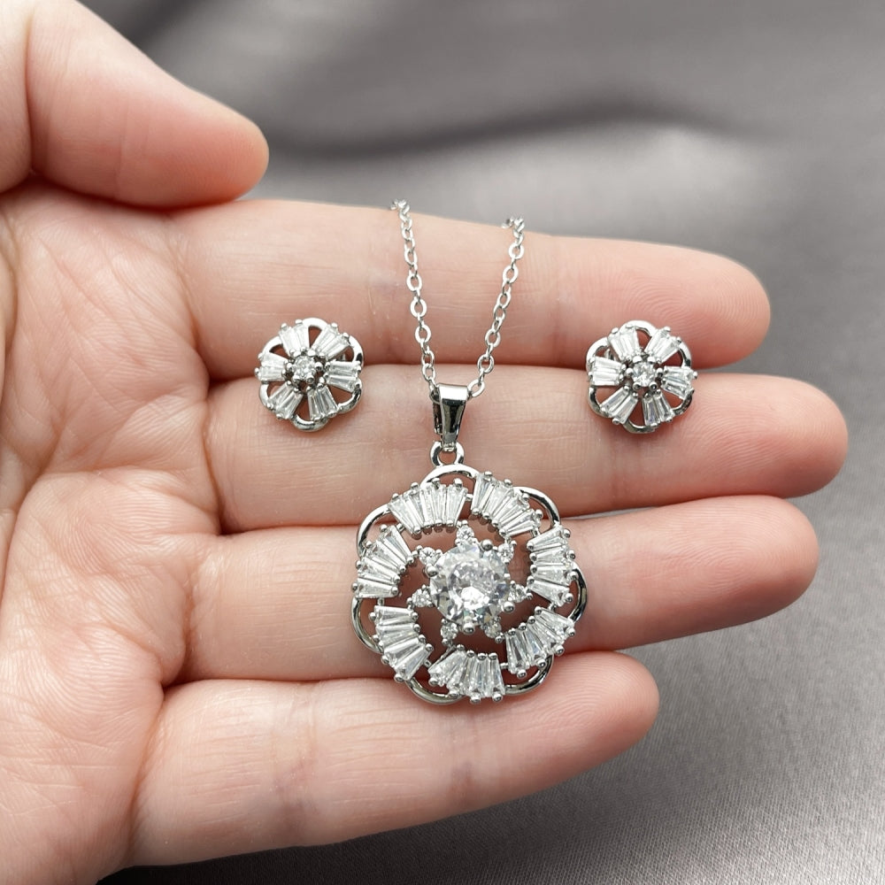 Rhodium Gold Filled Earring and Pendant Adult Set, Flower and Baguette Design, with White Cubic Zirconia, Polished, Rhodium Finish