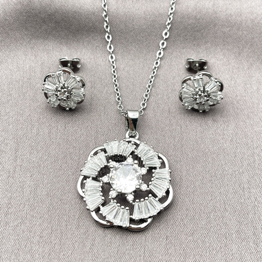 Rhodium Gold Filled Earring and Pendant Adult Set, Flower and Baguette Design, with White Cubic Zirconia, Polished, Rhodium Finish
