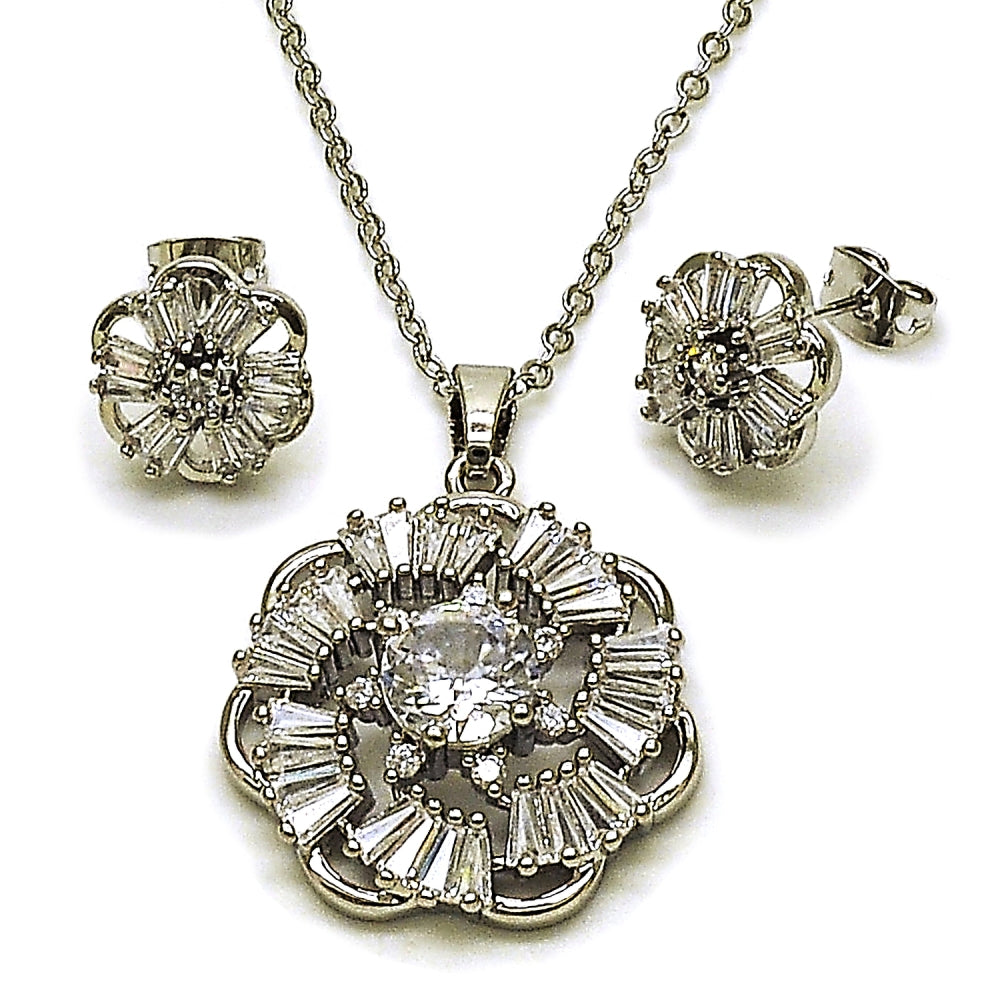 Rhodium Gold Filled Earring and Pendant Adult Set, Flower and Baguette Design, with White Cubic Zirconia, Polished, Rhodium Finish