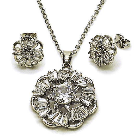 Rhodium Gold Filled Earring and Pendant Adult Set, Flower and Baguette Design, with White Cubic Zirconia, Polished, Rhodium Finish
