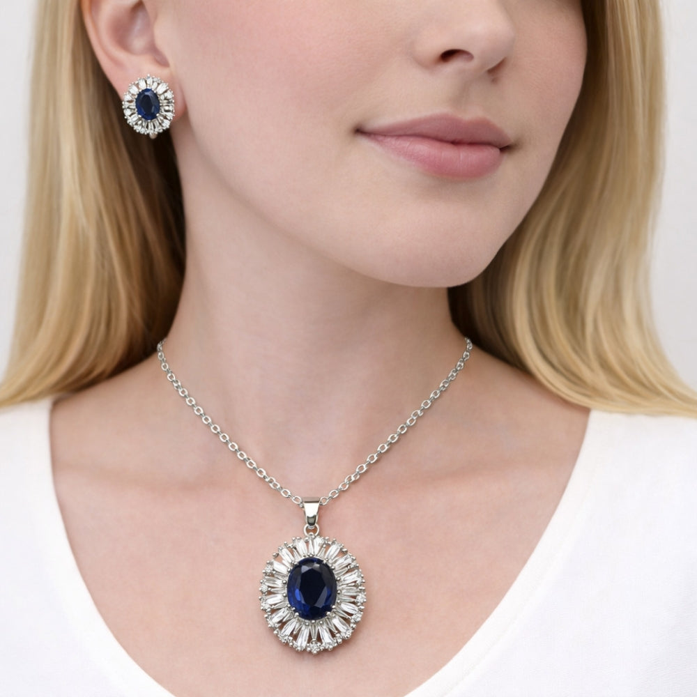 Rhodium Gold Filled Earring and Pendant Adult Set, Cluster and Baguette Design, with Sapphire Blue and White Cubic Zirconia, Polished, Rhodium Finish