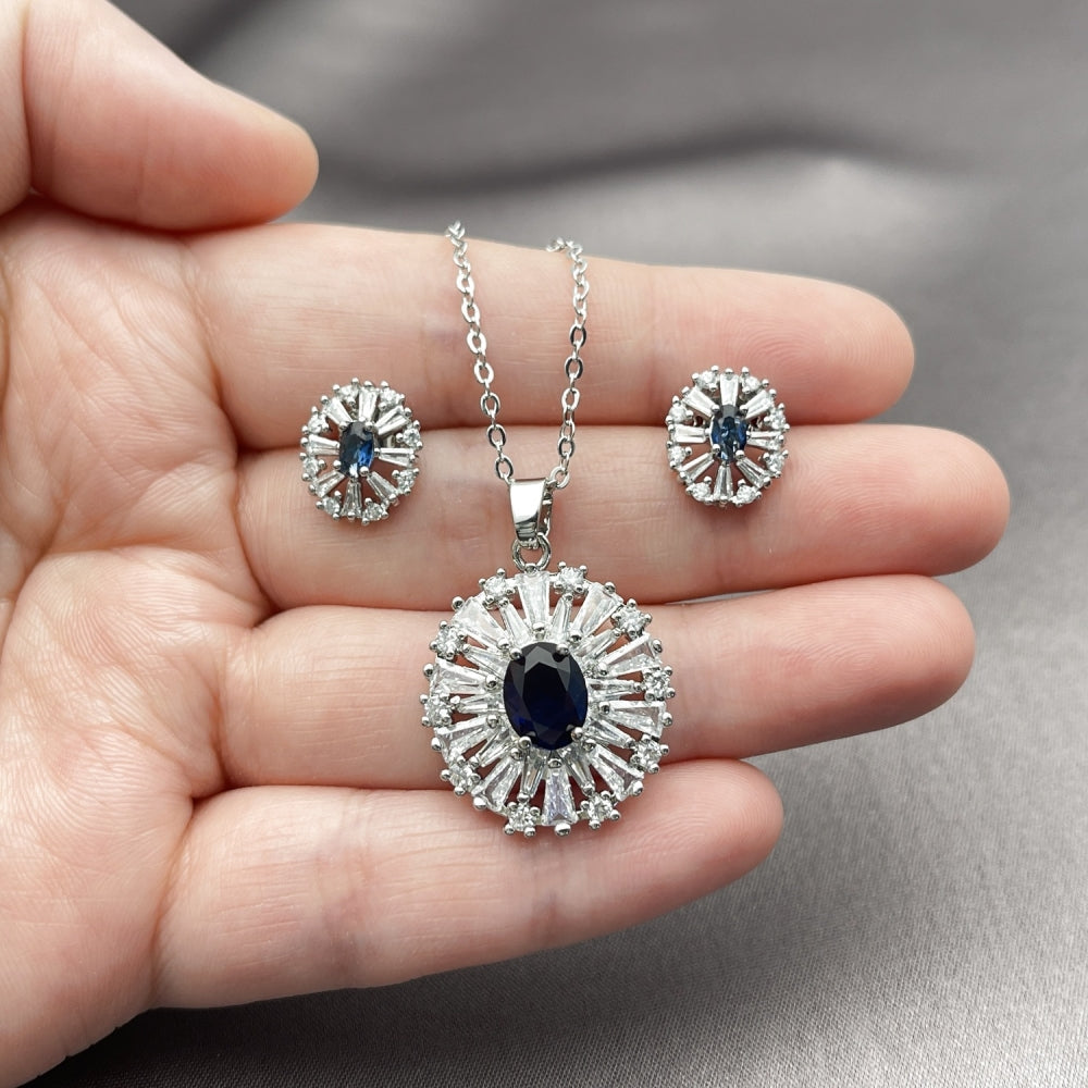 Rhodium Gold Filled Earring and Pendant Adult Set, Cluster and Baguette Design, with Sapphire Blue and White Cubic Zirconia, Polished, Rhodium Finish