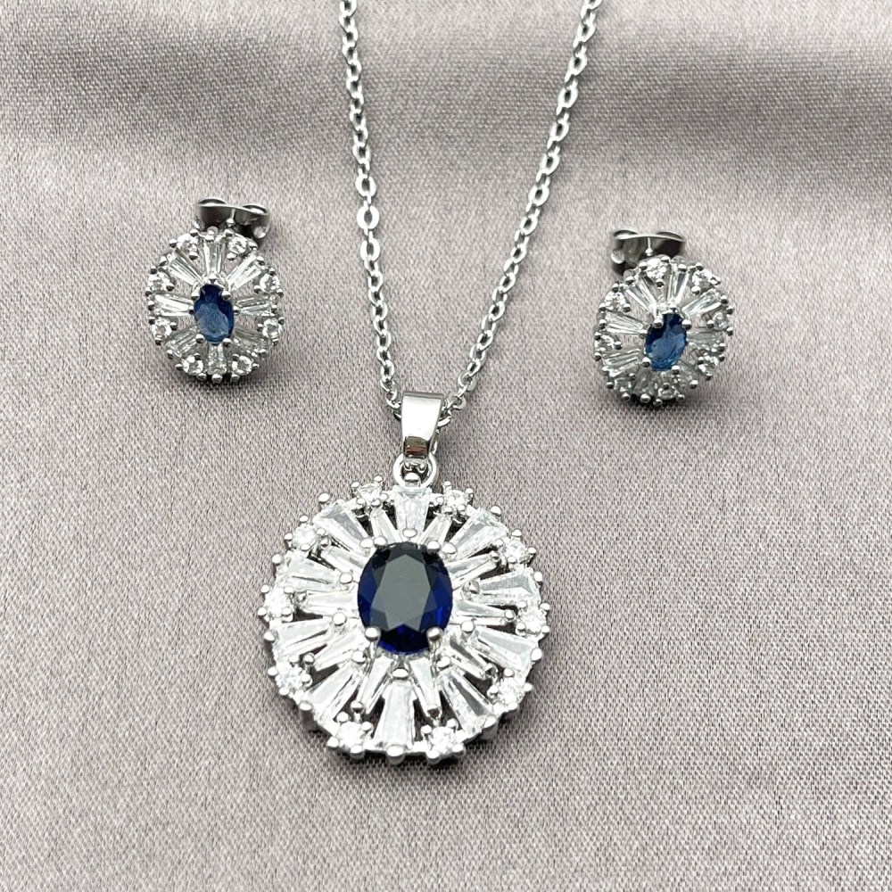 Rhodium Gold Filled Earring and Pendant Adult Set, Cluster and Baguette Design, with Sapphire Blue and White Cubic Zirconia, Polished, Rhodium Finish