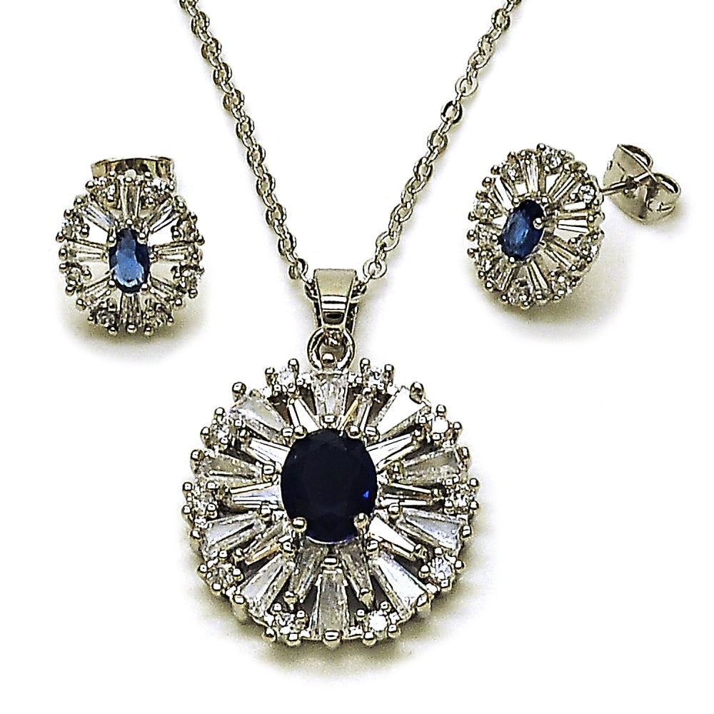 Rhodium Gold Filled Earring and Pendant Adult Set, Cluster and Baguette Design, with Sapphire Blue and White Cubic Zirconia, Polished, Rhodium Finish