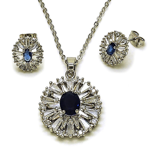 Rhodium Gold Filled Earring and Pendant Adult Set, Cluster and Baguette Design, with Sapphire Blue and White Cubic Zirconia, Polished, Rhodium Finish