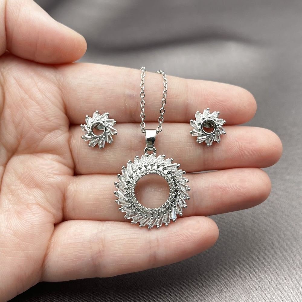 Rhodium Gold Filled Earring and Pendant Adult Set, Baguette Design, with White Cubic Zirconia and White Micro Pave, Polished, Rhodium Finish