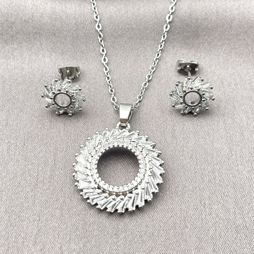 Rhodium Gold Filled Earring and Pendant Adult Set, Baguette Design, with White Cubic Zirconia and White Micro Pave, Polished, Rhodium Finish