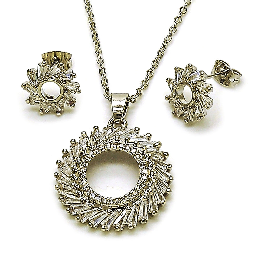 Rhodium Gold Filled Earring and Pendant Adult Set, Baguette Design, with White Cubic Zirconia and White Micro Pave, Polished, Rhodium Finish
