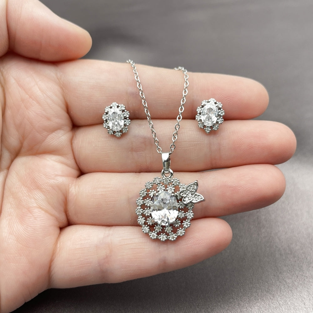 Rhodium Gold Filled Earring and Pendant Adult Set, Butterfly and Cluster Design, with White Cubic Zirconia, Polished, Rhodium Finish