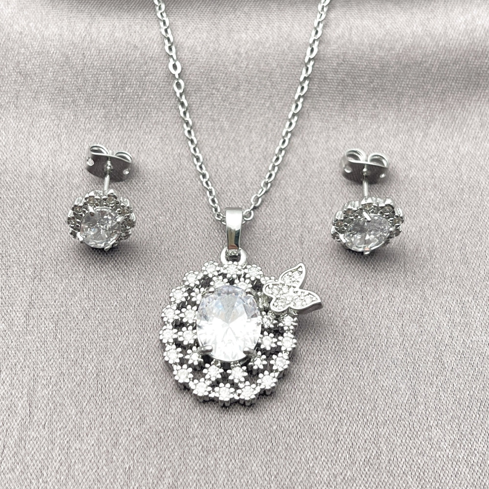 Rhodium Gold Filled Earring and Pendant Adult Set, Butterfly and Cluster Design, with White Cubic Zirconia, Polished, Rhodium Finish