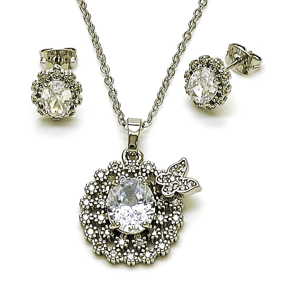 Rhodium Gold Filled Earring and Pendant Adult Set, Butterfly and Cluster Design, with White Cubic Zirconia, Polished, Rhodium Finish