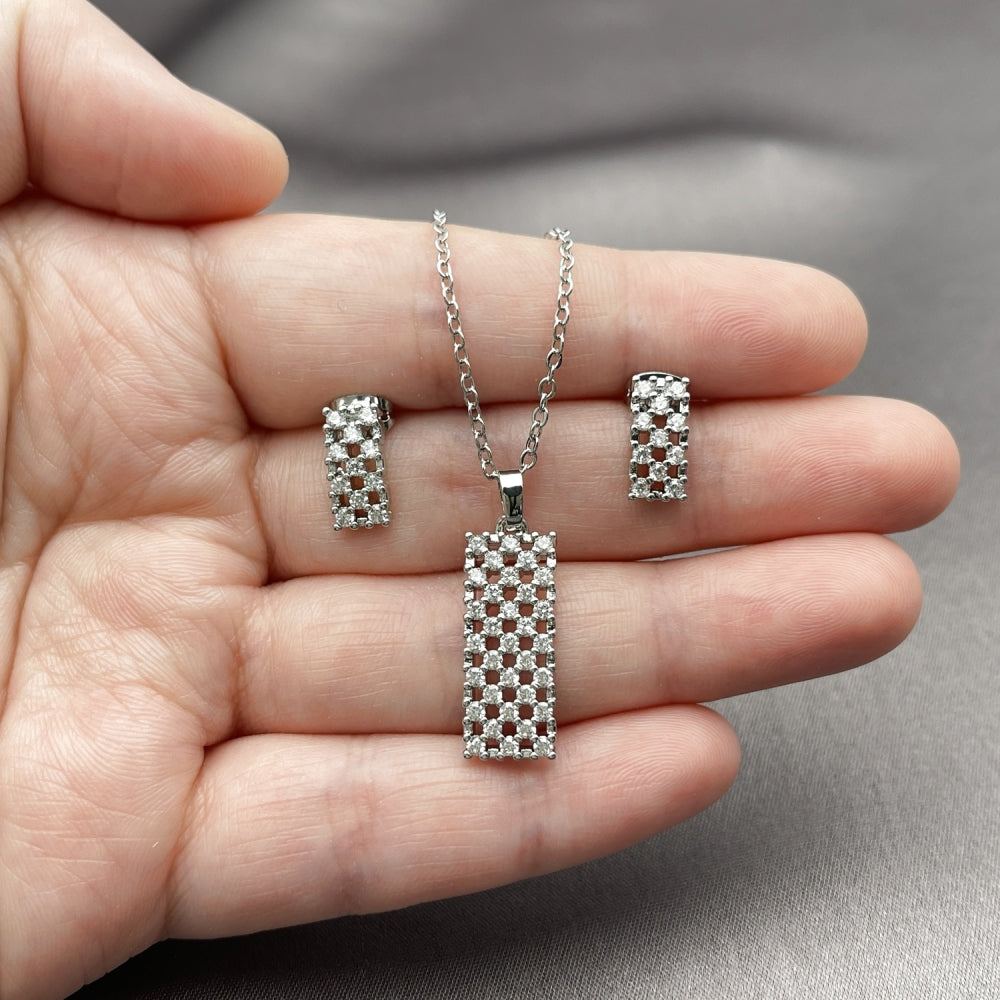 Rhodium Gold Filled Earring and Pendant Adult Set, with White Cubic Zirconia, Polished, Rhodium Finish