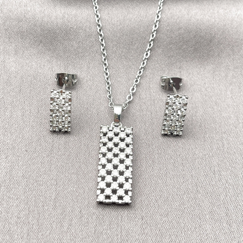 Rhodium Gold Filled Earring and Pendant Adult Set, with White Cubic Zirconia, Polished, Rhodium Finish
