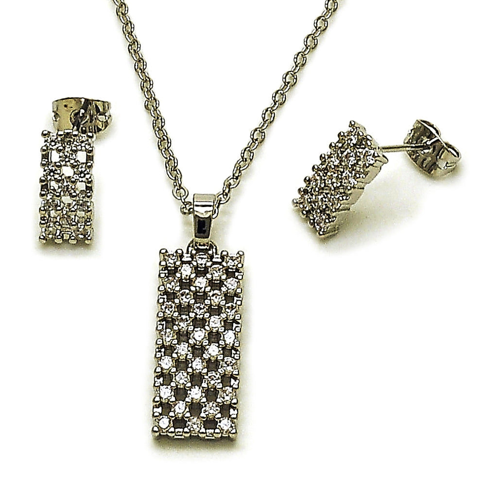 Rhodium Gold Filled Earring and Pendant Adult Set, with White Cubic Zirconia, Polished, Rhodium Finish