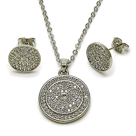 Oro Laminado Earring and Pendant Adult Set, Gold Filled Style Cluster Design, with White Cubic Zirconia, Polished, Golden Finish