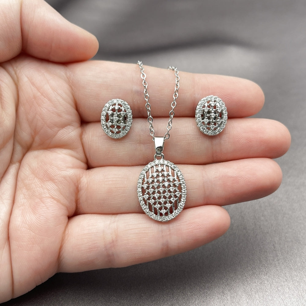 Rhodium Gold Filled Earring and Pendant Adult Set, with White Cubic Zirconia, Polished, Rhodium Finish