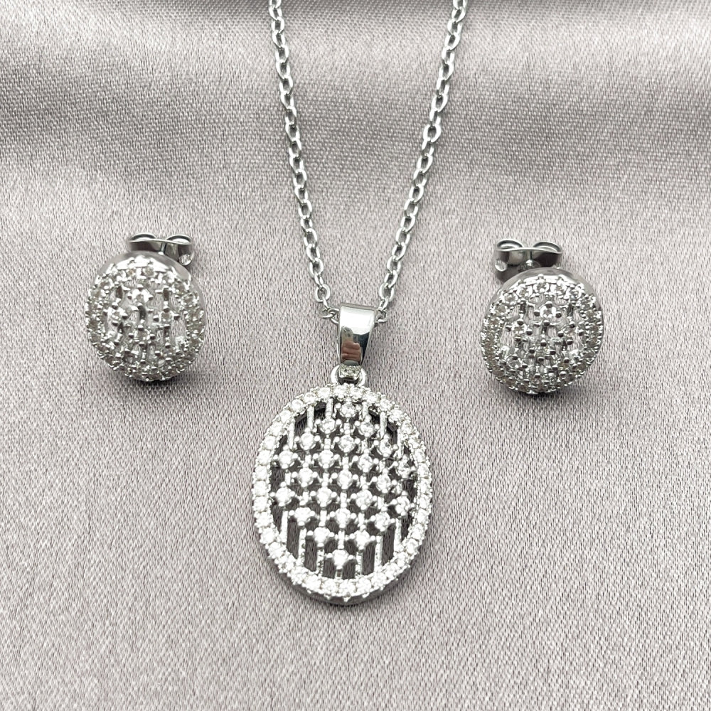Rhodium Gold Filled Earring and Pendant Adult Set, with White Cubic Zirconia, Polished, Rhodium Finish