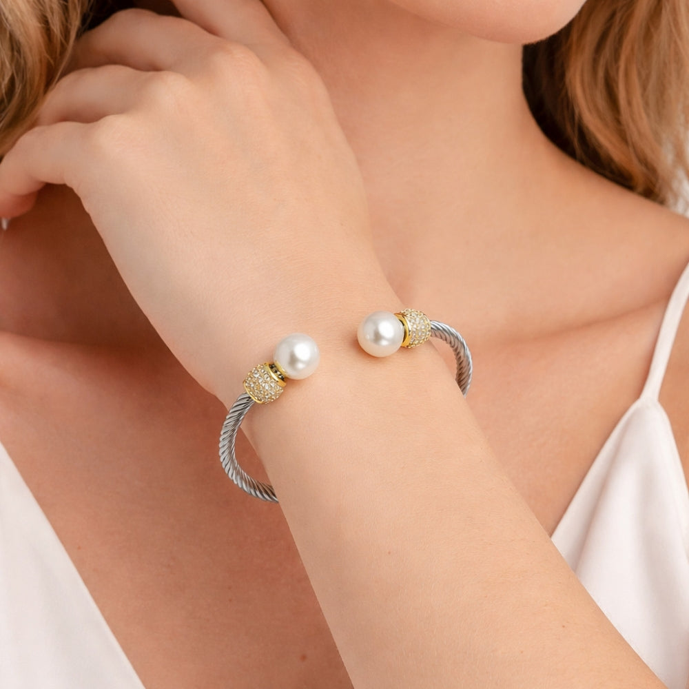Stainless Steel Individual Bangle, Twist and Ball Design, with Ivory Pearl and White Micro Pave, Polished, Two Tone